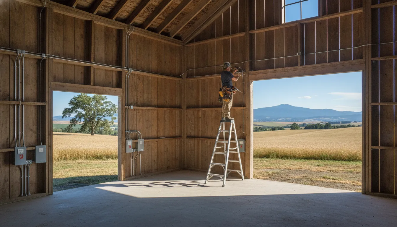 Agricultural barn with electrical wiring installation by a licensed electrician in rural Oregon