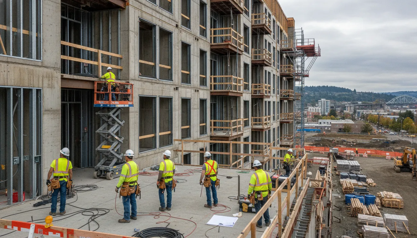 Modern apartment building under construction with electrical contractor team working on infrastructure