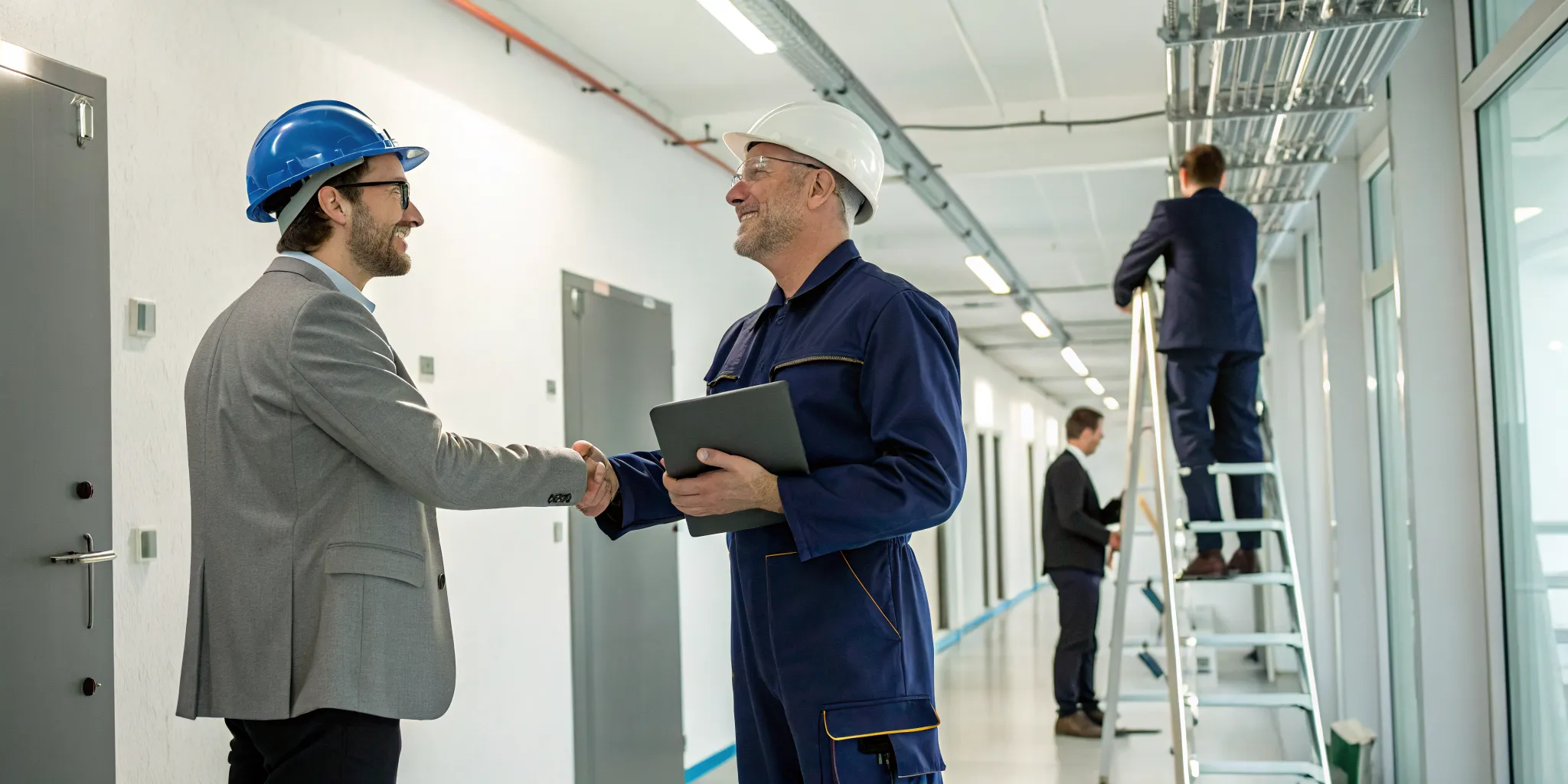 Electrical contractors for an apartment building shake hands after agreeing on a project.