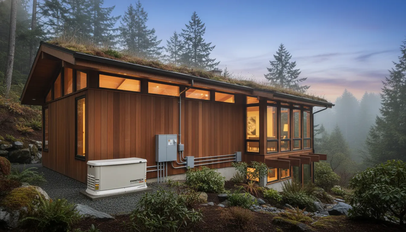 Whole-home generator and automatic transfer switch installed beside a Pacific Northwest home