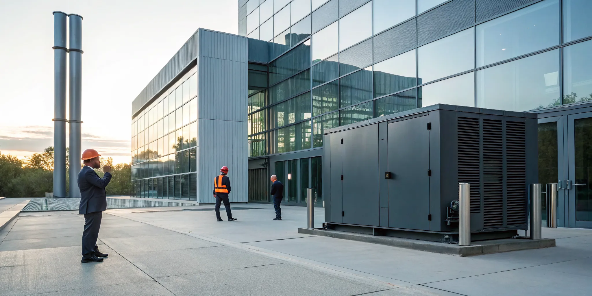 Commercial backup generator being inspected by engineers for a building installation.