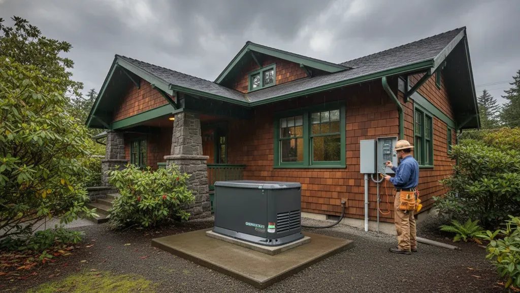 Backup generator for home power outages beside an Oregon home