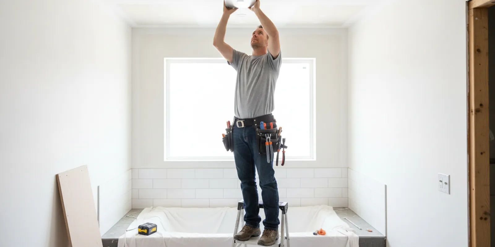 Electrician performing bathroom fan installation during a home renovation
