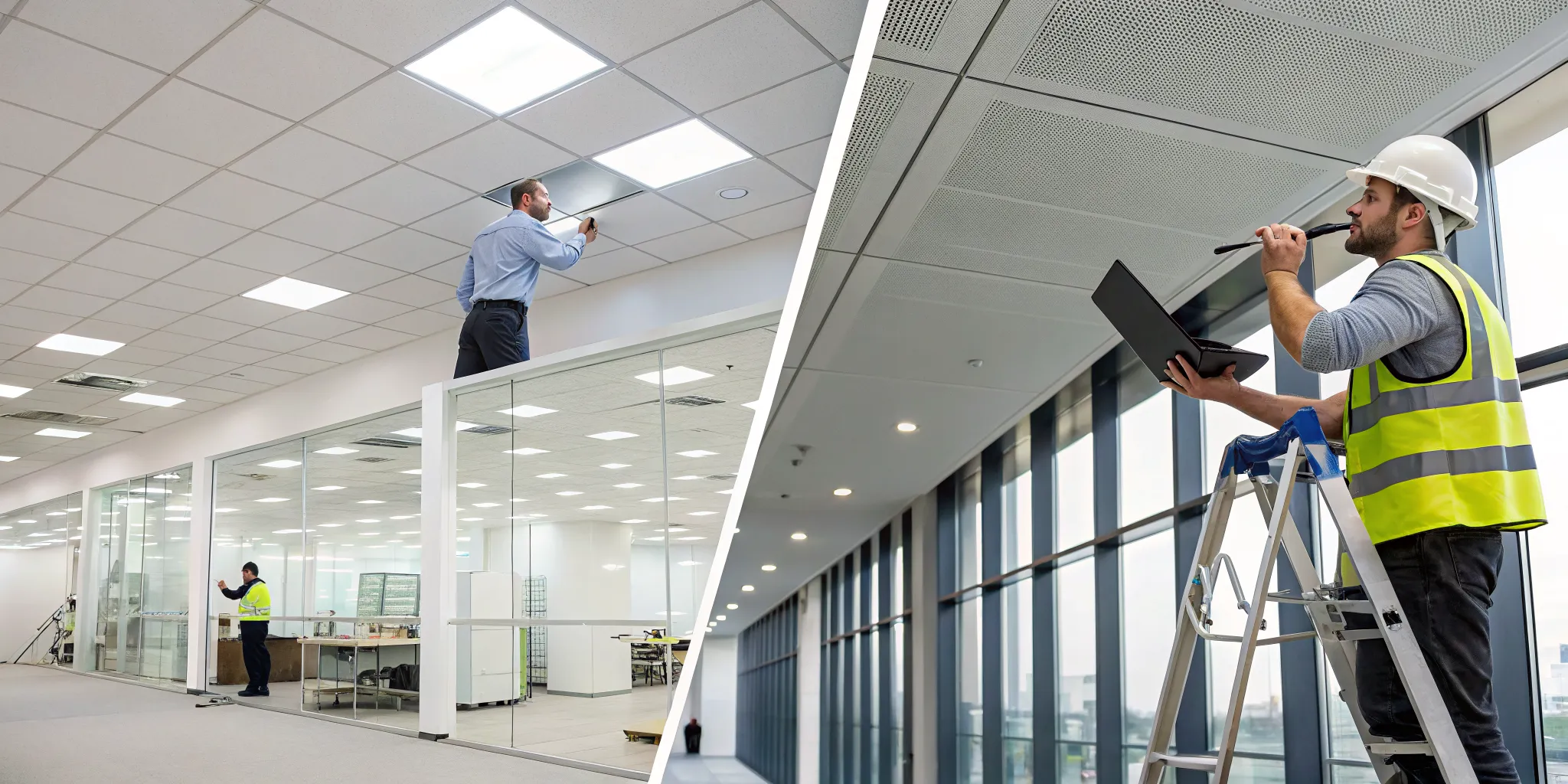 One of the best commercial lighting installation companies upgrading office ceiling fixtures.