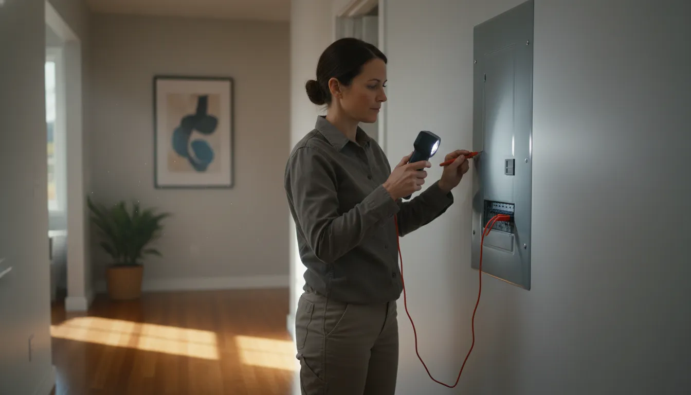 Electrician checking warning signs during breaker panel repair inspection