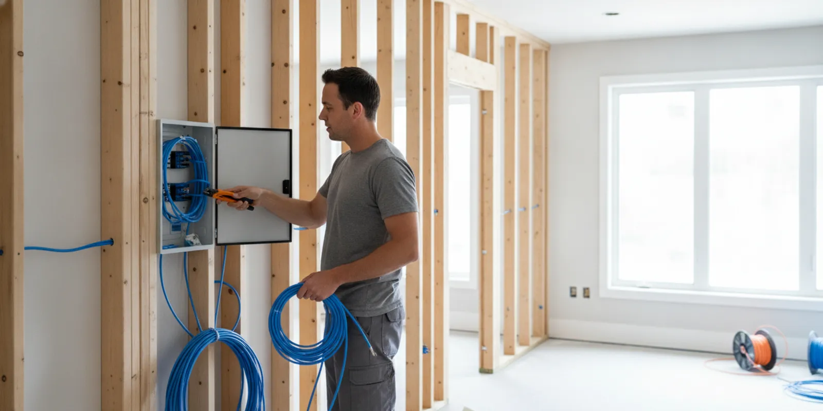 Electrician planning Cat6 cable routes and network outlets in a modern home under construction