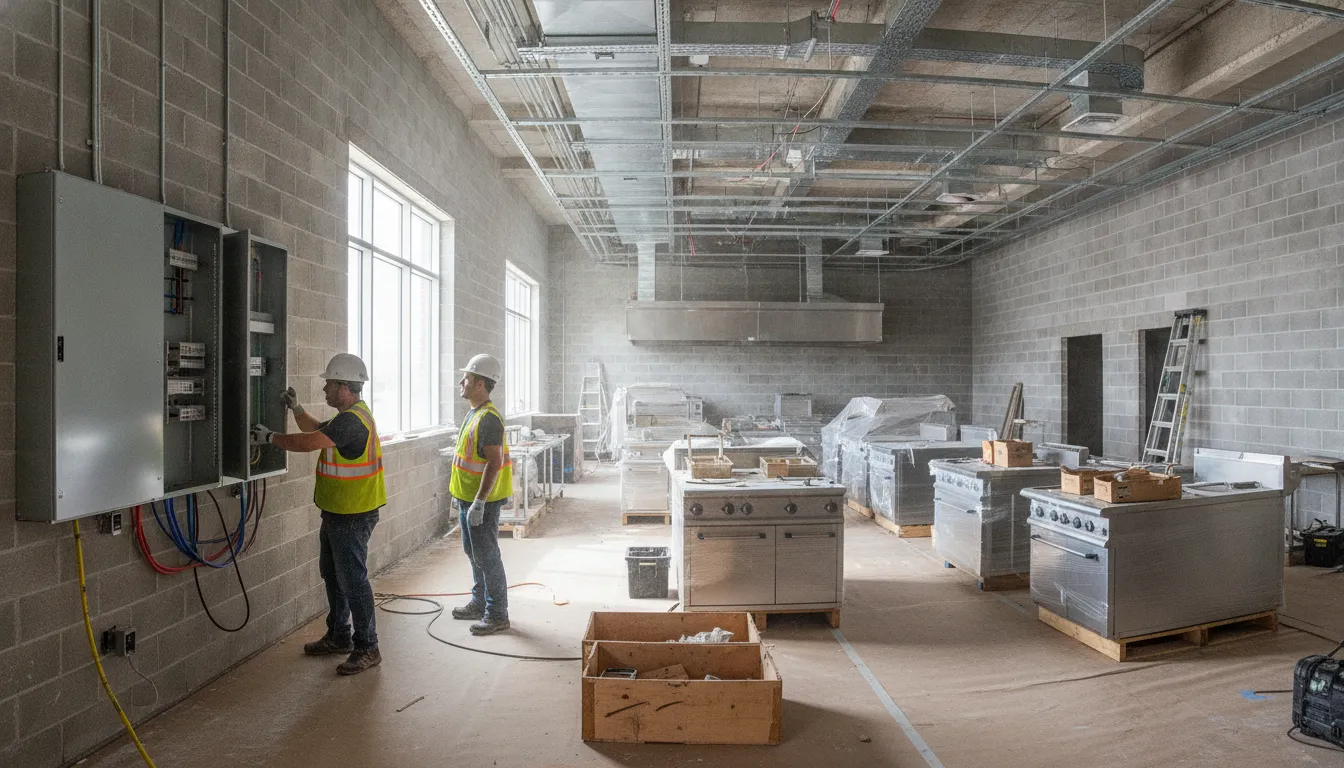 Electricians installing conduit and panel during a commercial restaurant build-out