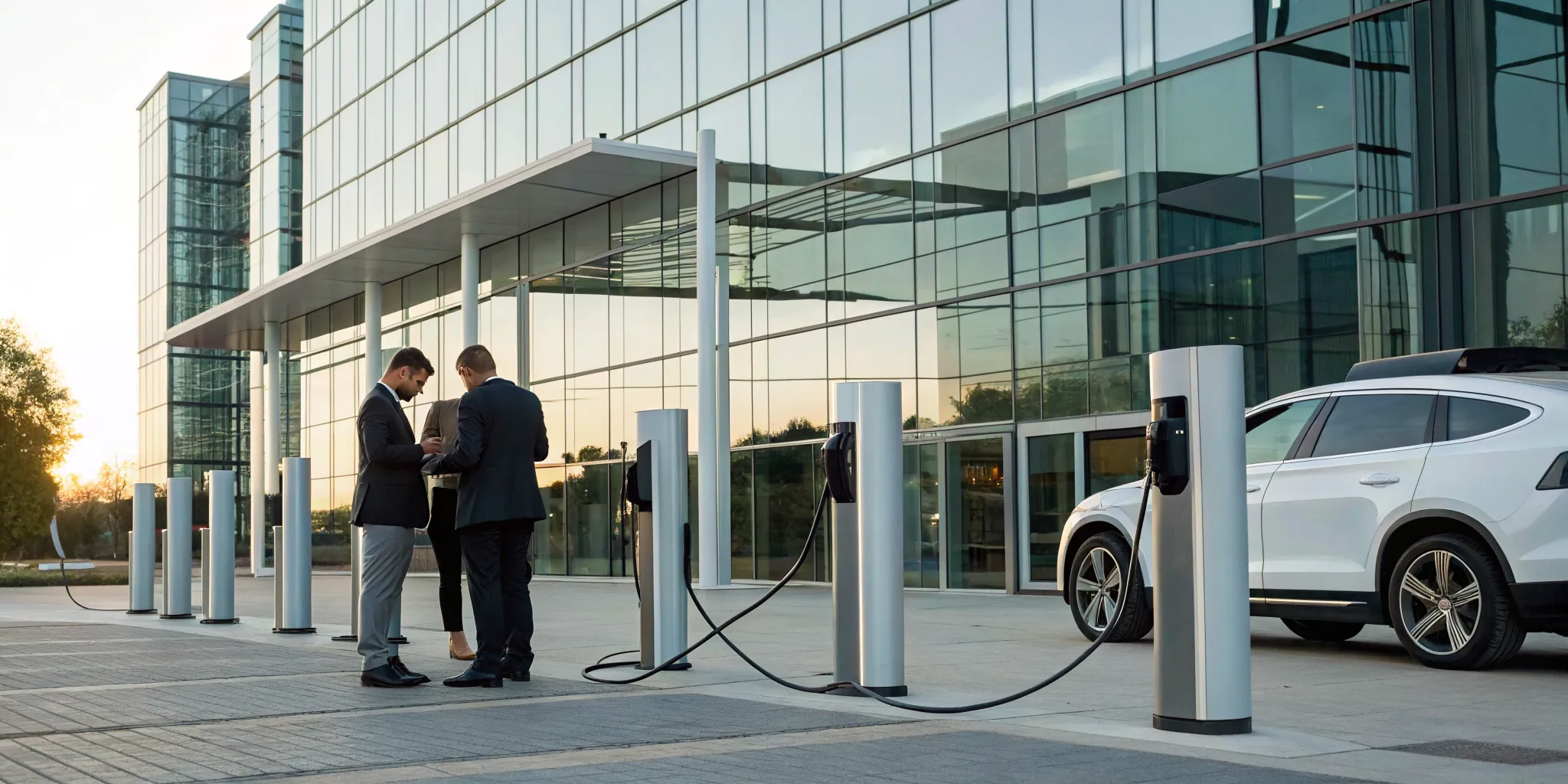 Professionals stand by a commercial EV charging station for sale at an office building.