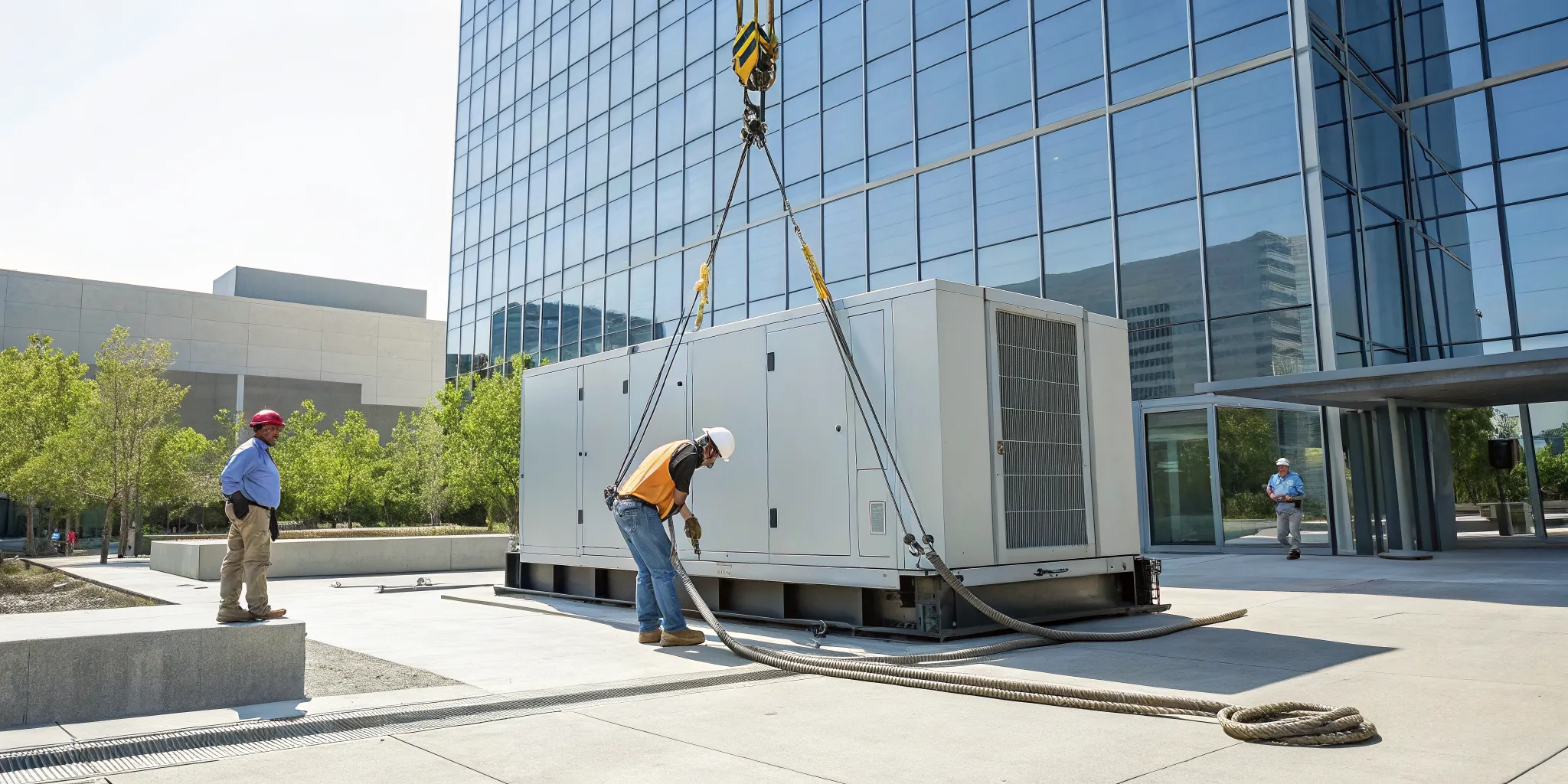 Workers performing a commercial generator installation outside of a modern business.