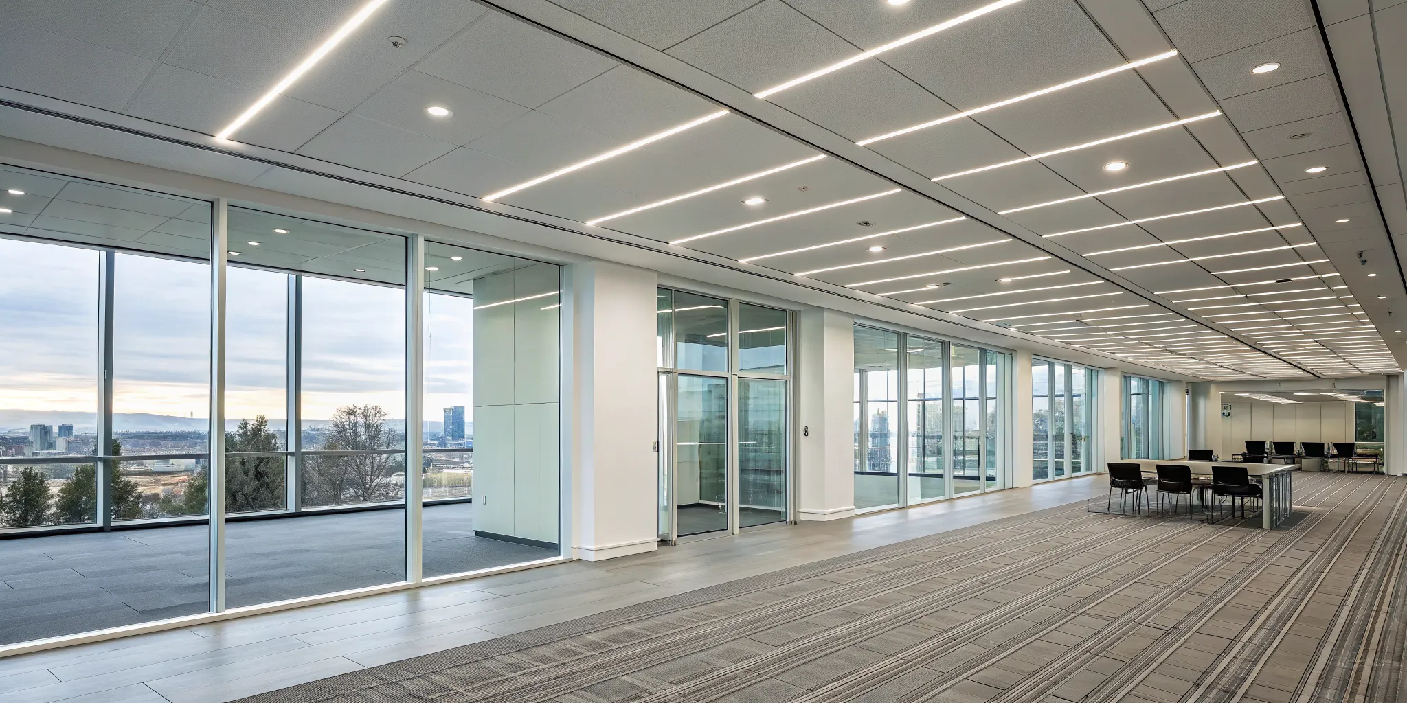 Commercial lighting fixtures in a modern office meeting room.