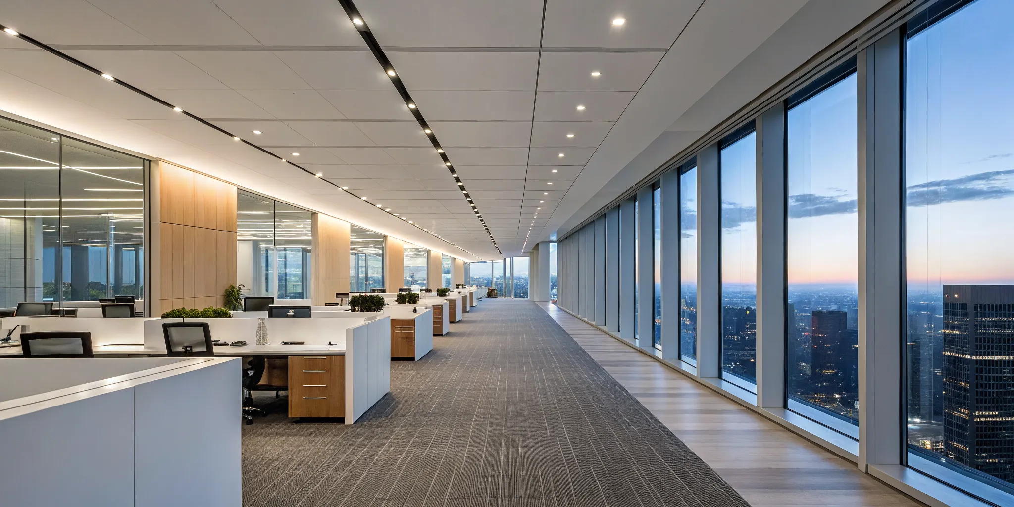 Modern commercial office blending natural light with a professional lighting design.