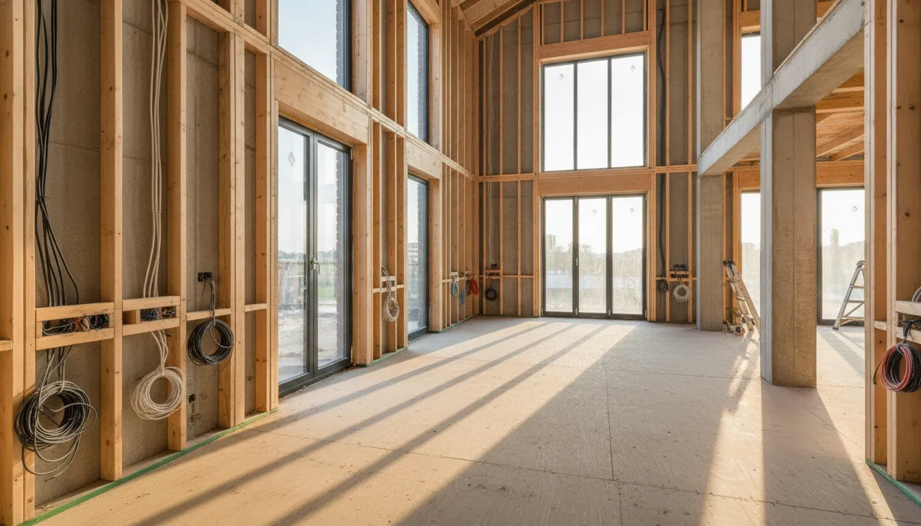 An airy, modern custom home interior under construction in Lake Oswego showing electrical rough-in framing