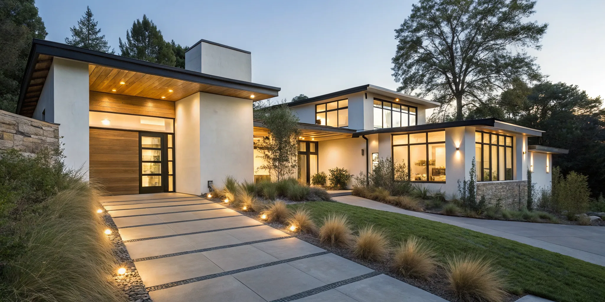 Custom outdoor lighting illuminates the walkway and landscaping of a modern home at dusk.
