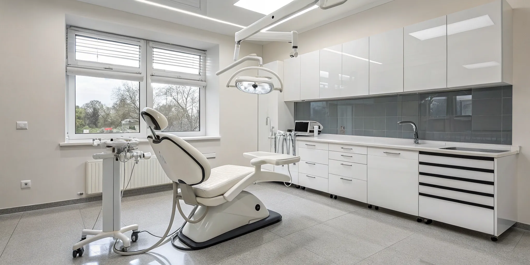 Dental office with hospital-grade electrical outlets and power for a modern patient chair.