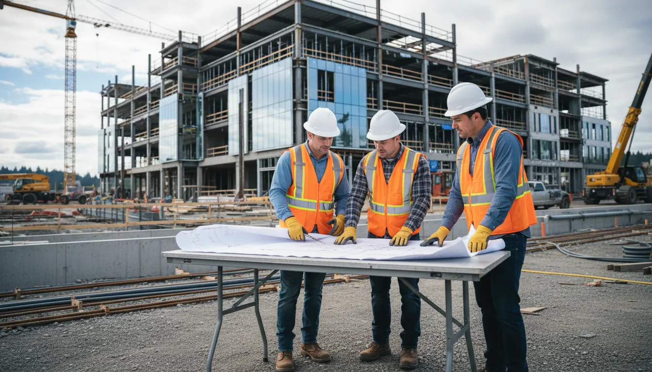 Electrical contractors reviewing coordinated plans for a commercial design-build project