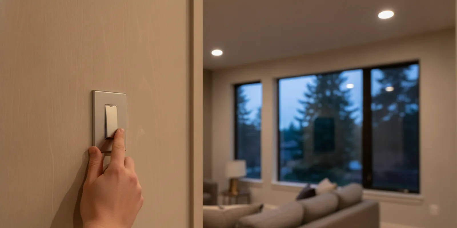 A wall dimmer adjusting warm recessed lights in a comfortable living room