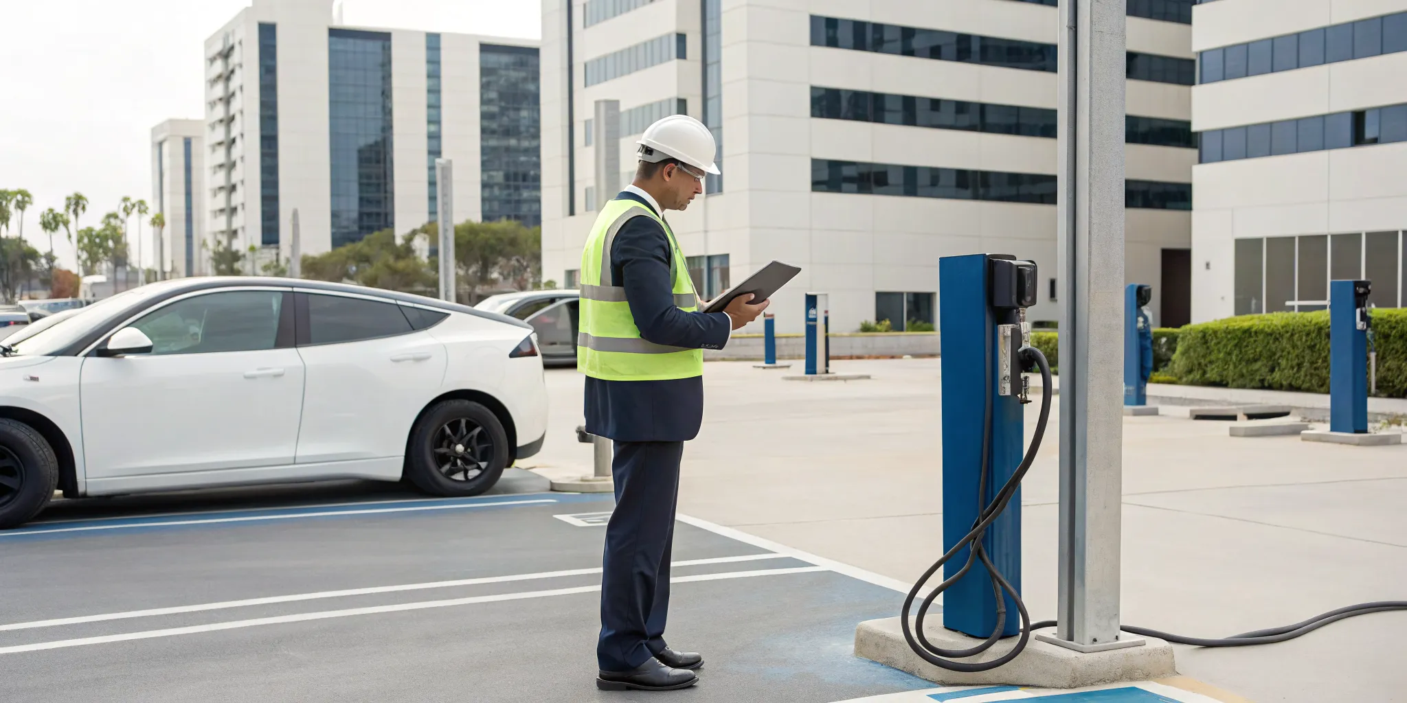 Electric vehicle charging station installer assessing a site for installation.