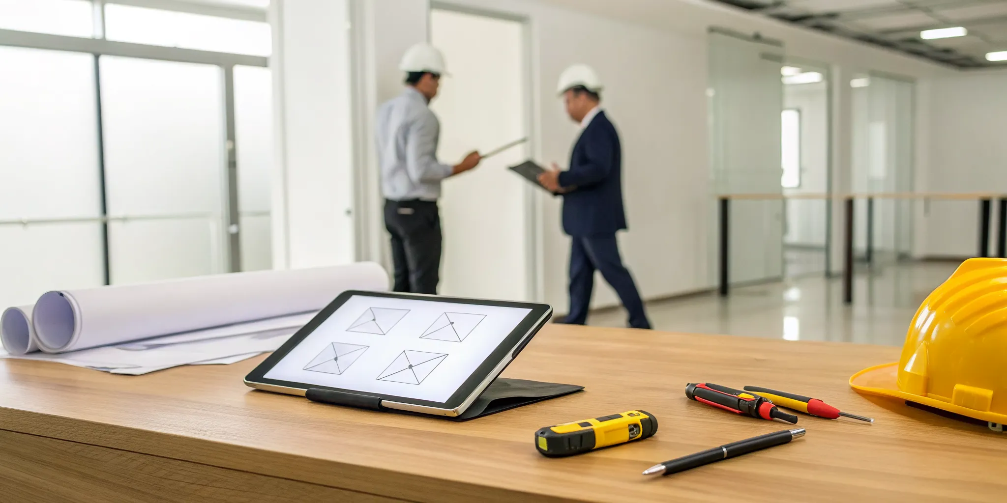 A contractor and a small business owner discussing an electrical maintenance contract over blueprints and a tablet.
