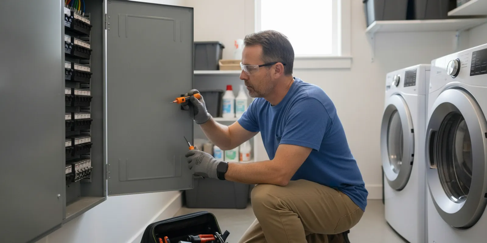 Licensed electrician inspecting a residential electrical panel with the cover in place