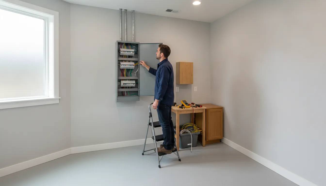Electrician assessing a residential electrical panel for replacement planning