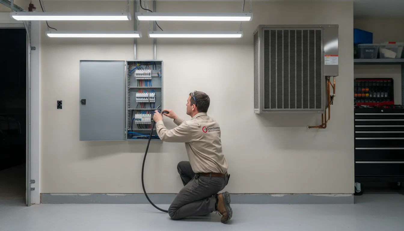 Professional electrician installing a modern electrical panel for central air conditioning