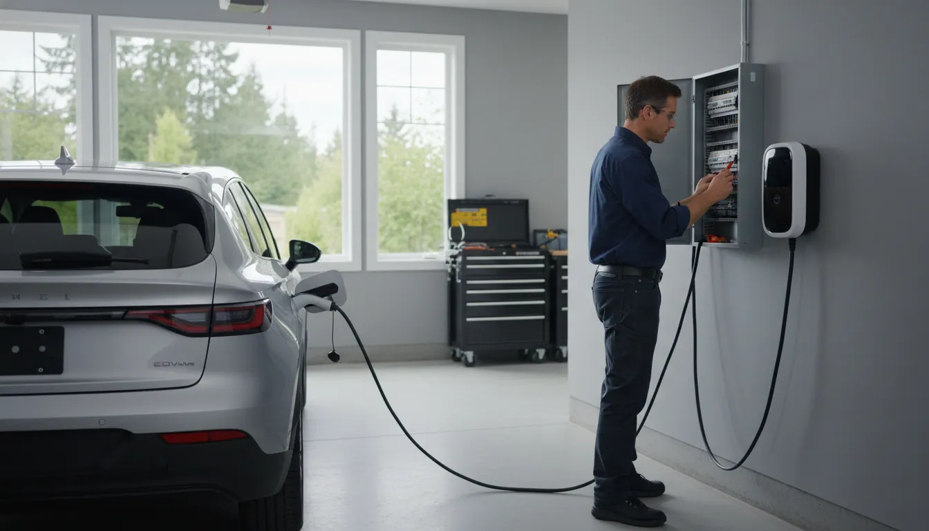 Electrician assessing an electrical panel for EV charger installation