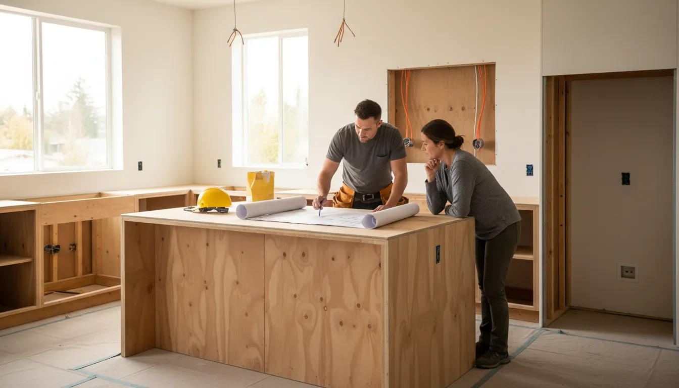 Electrician and homeowner reviewing electrical planning for kitchen remodels