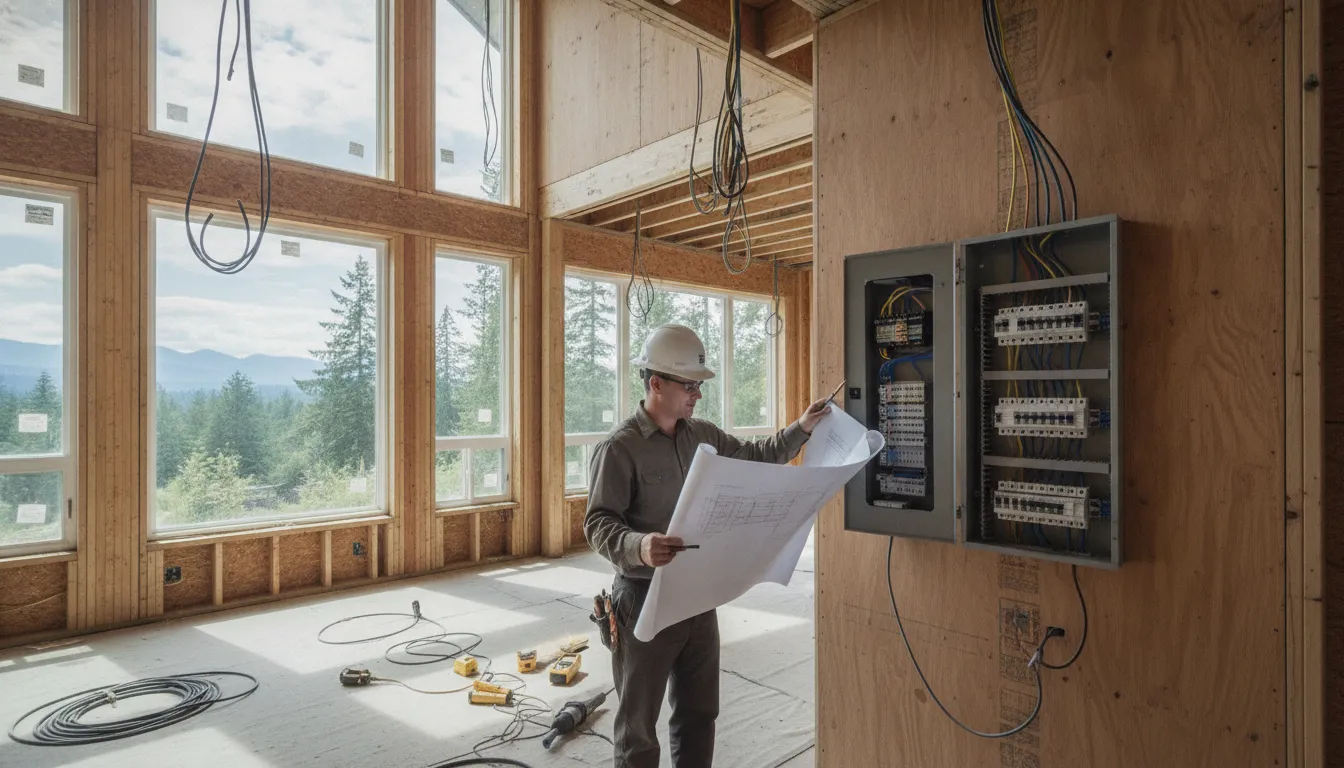 Electrician reviewing plans for an Oregon home addition