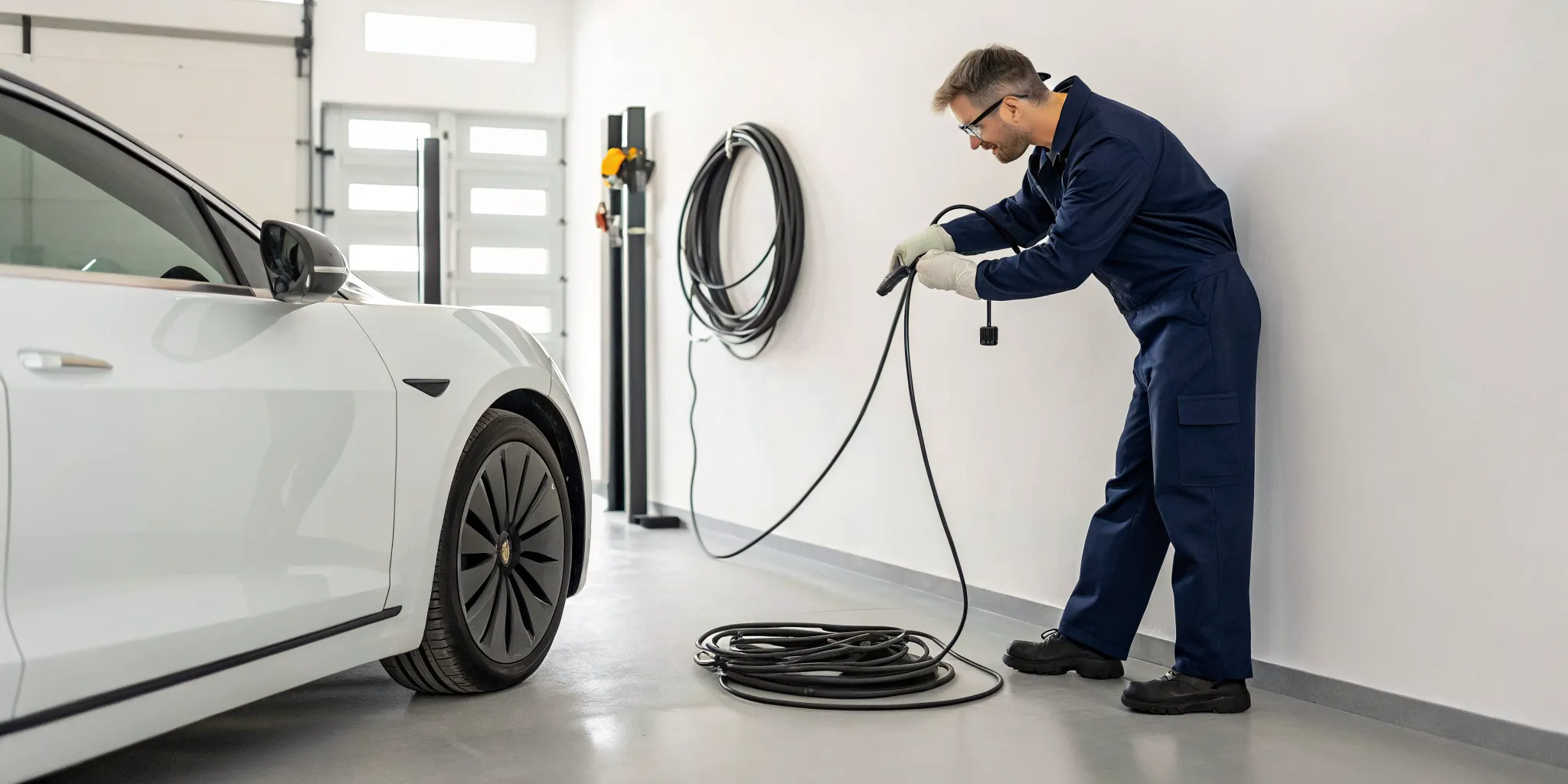 Electrician performing a home EV charger installation in a garage.
