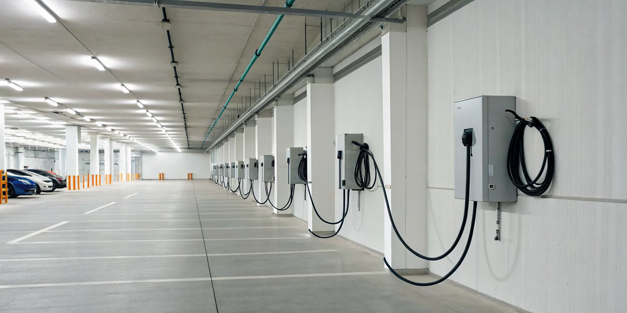 An EV charging station in a parking garage installed to meet safety and code requirements.