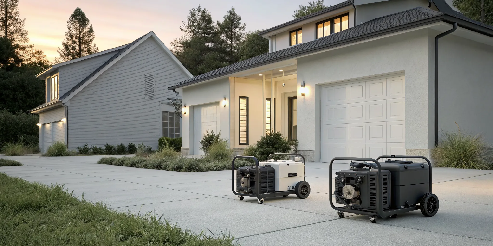 Two portable generators on a driveway, ready to provide backup power for a house.