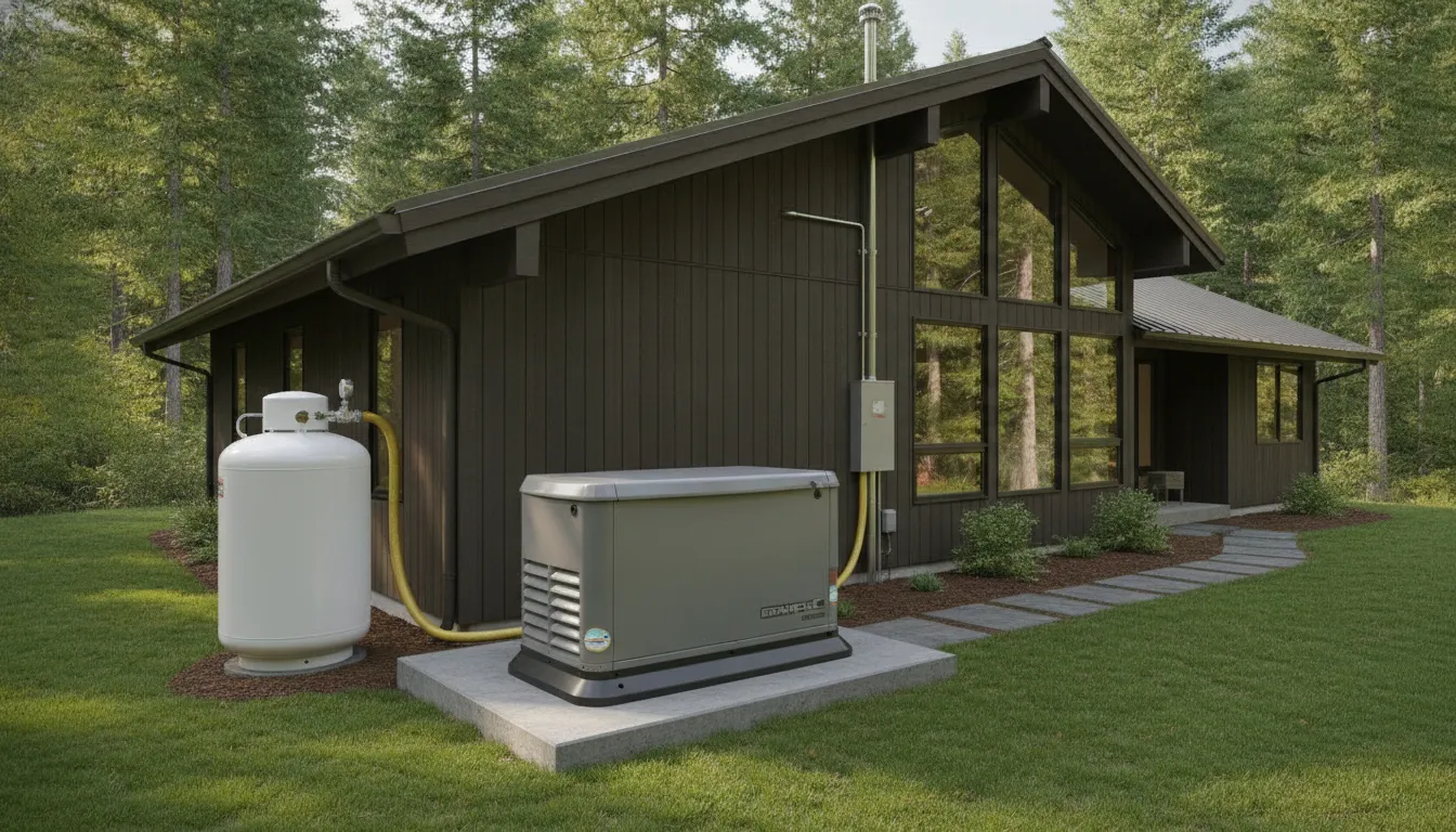 Whole-home generator installed beside an Oregon home with natural gas and propane fuel systems
