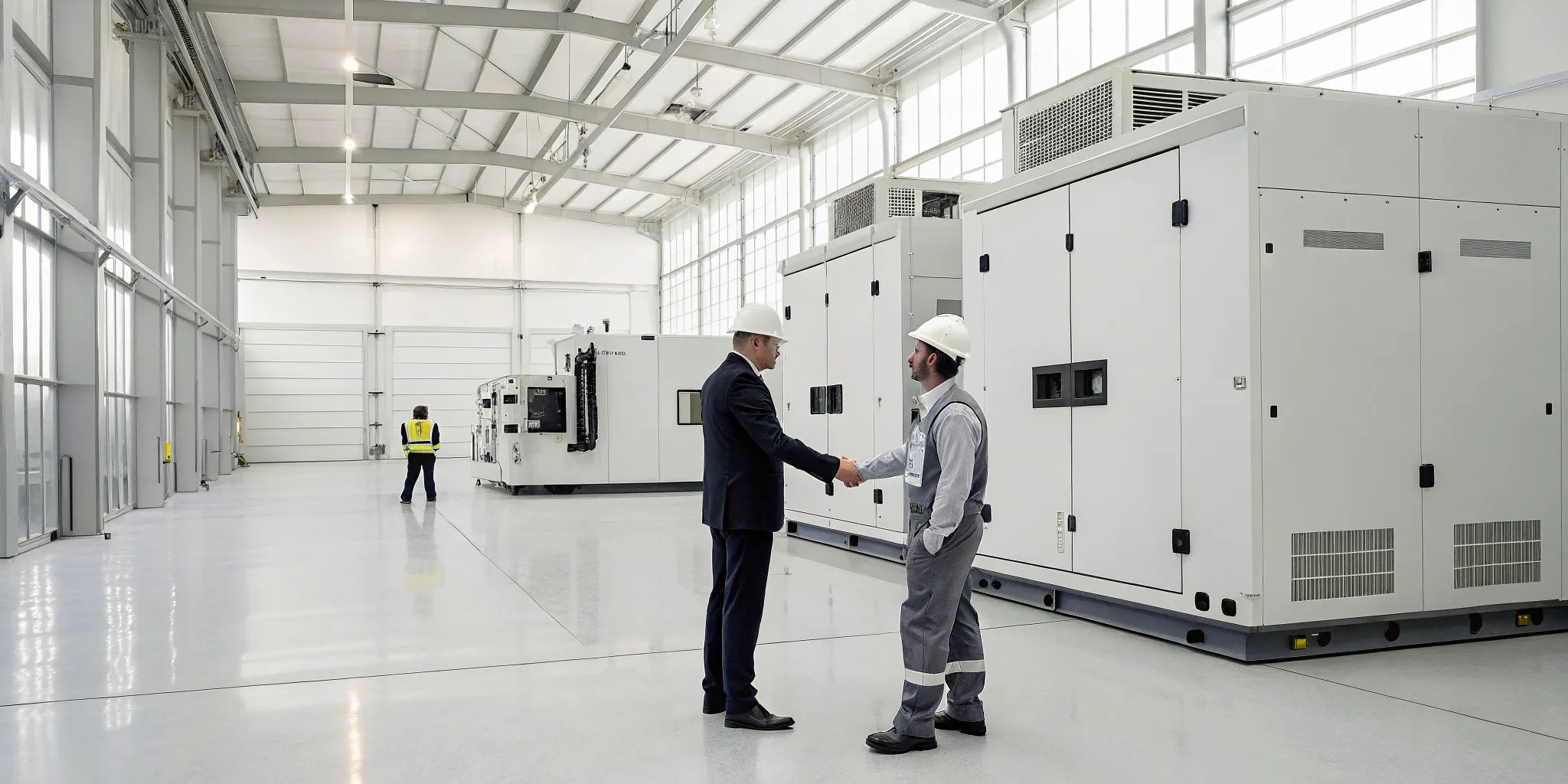 A technician from a generator repair company shakes hands with a satisfied customer.