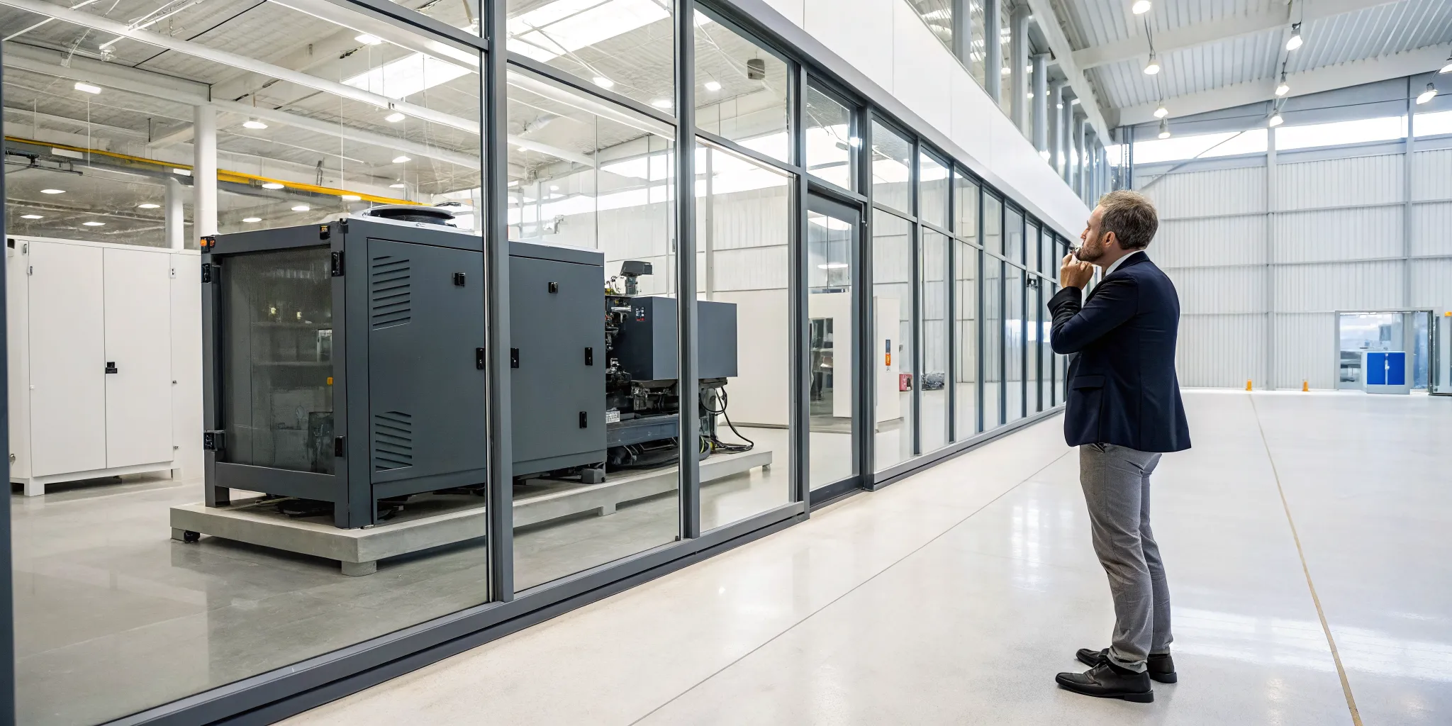Man inspecting an industrial generator at a generator sales and service facility.