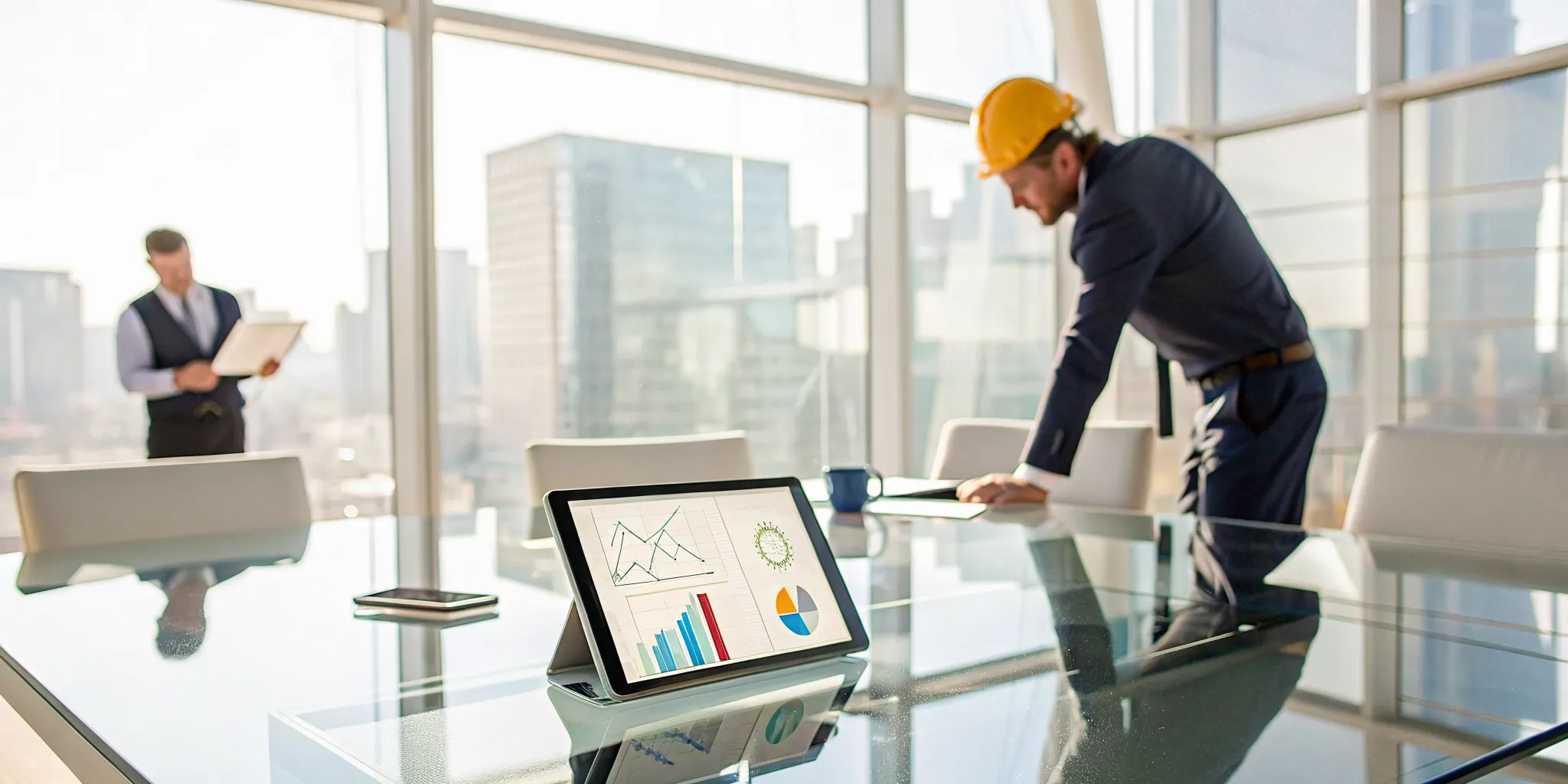 Two professionals discussing a quote for an electrical maintenance contract on a tablet.
