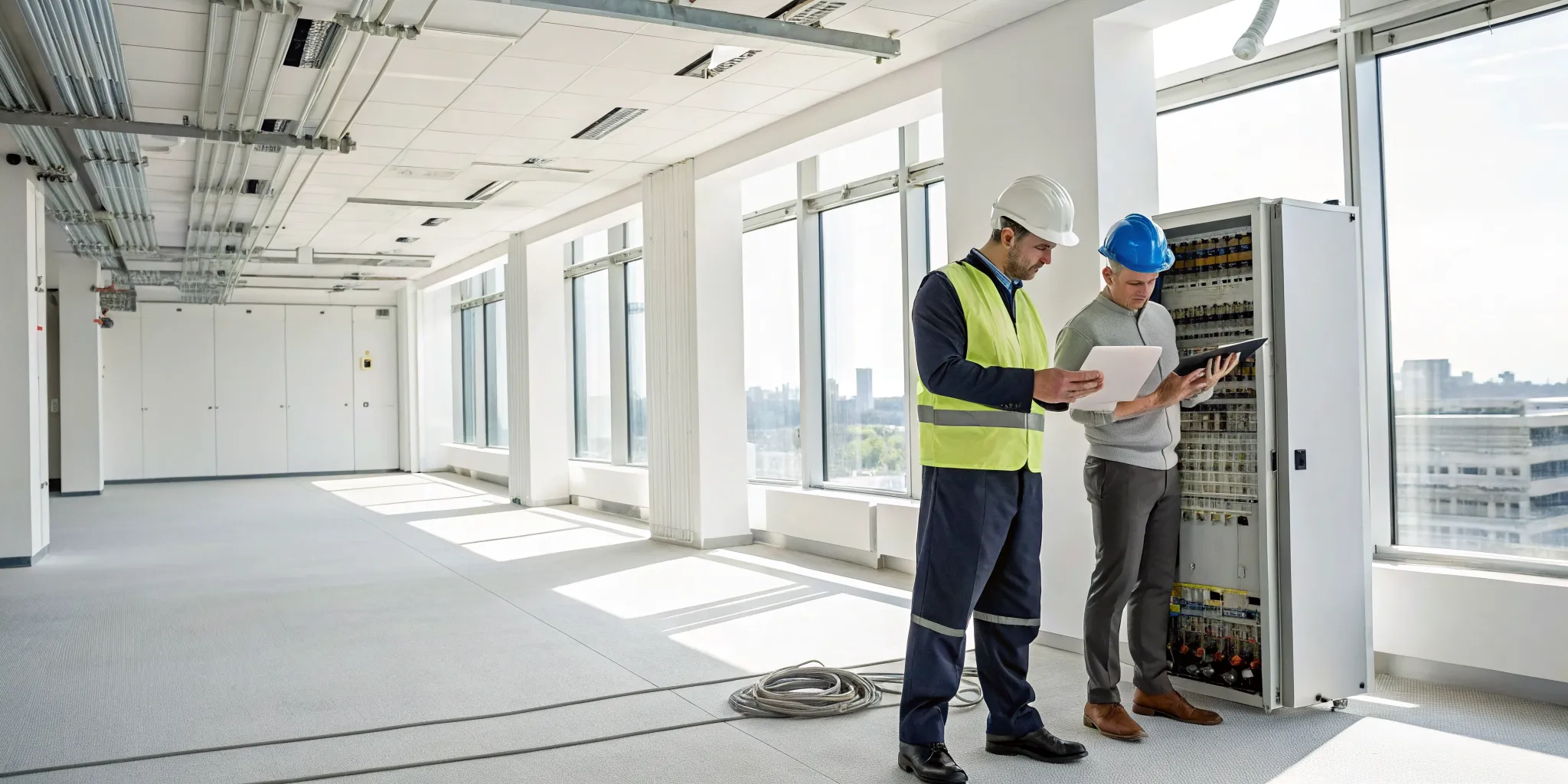 Commercial electrician hired for an office build-out reviews electrical plans with a colleague.