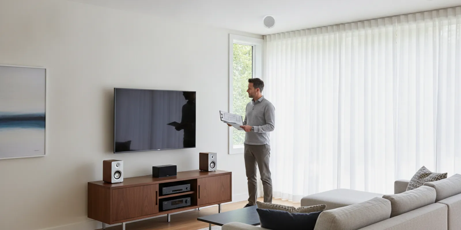 Homeowner reviewing speaker and equipment locations in a bright living room