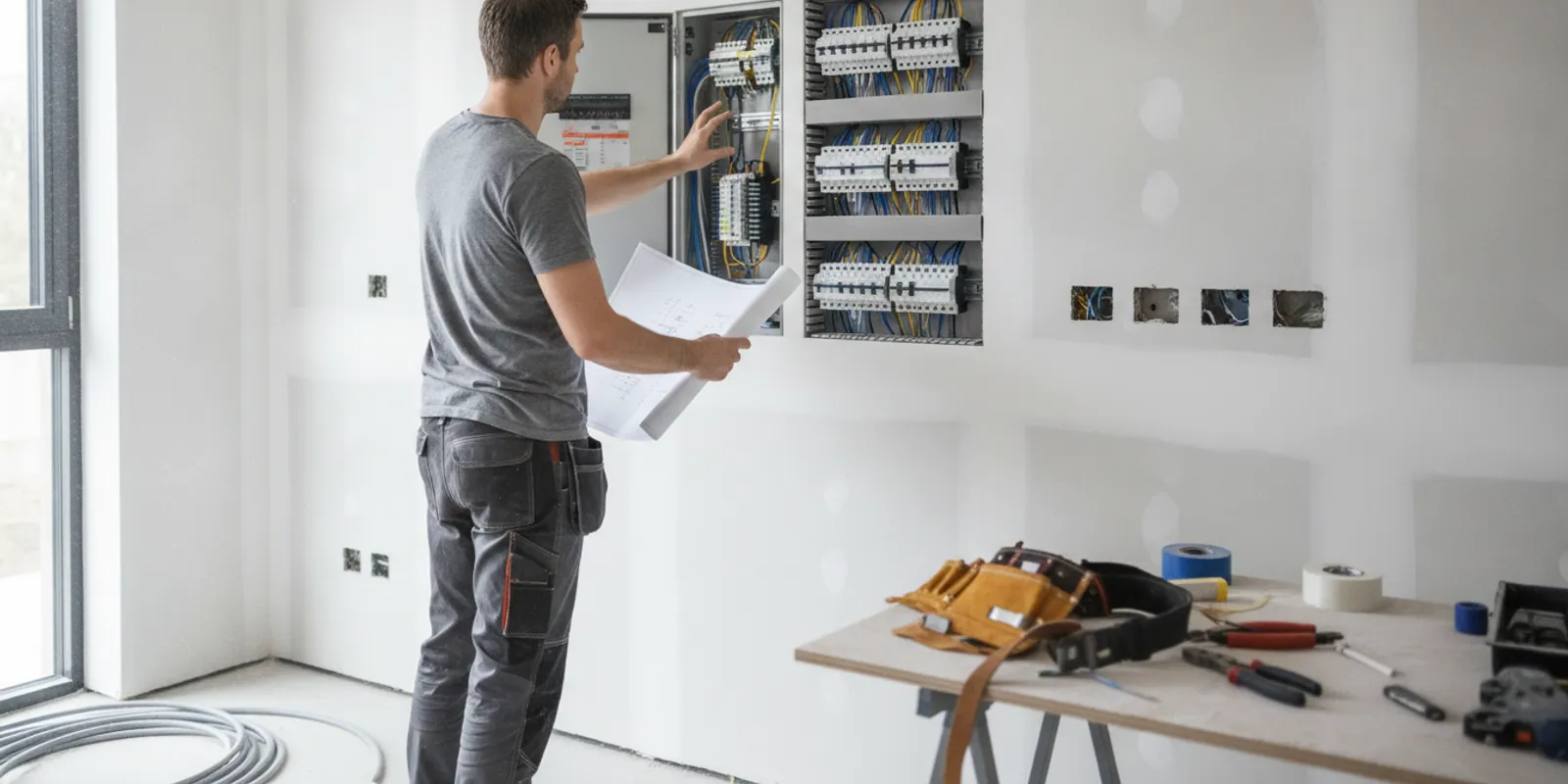 Electrician planning smart lighting controls and wiring in a modern home