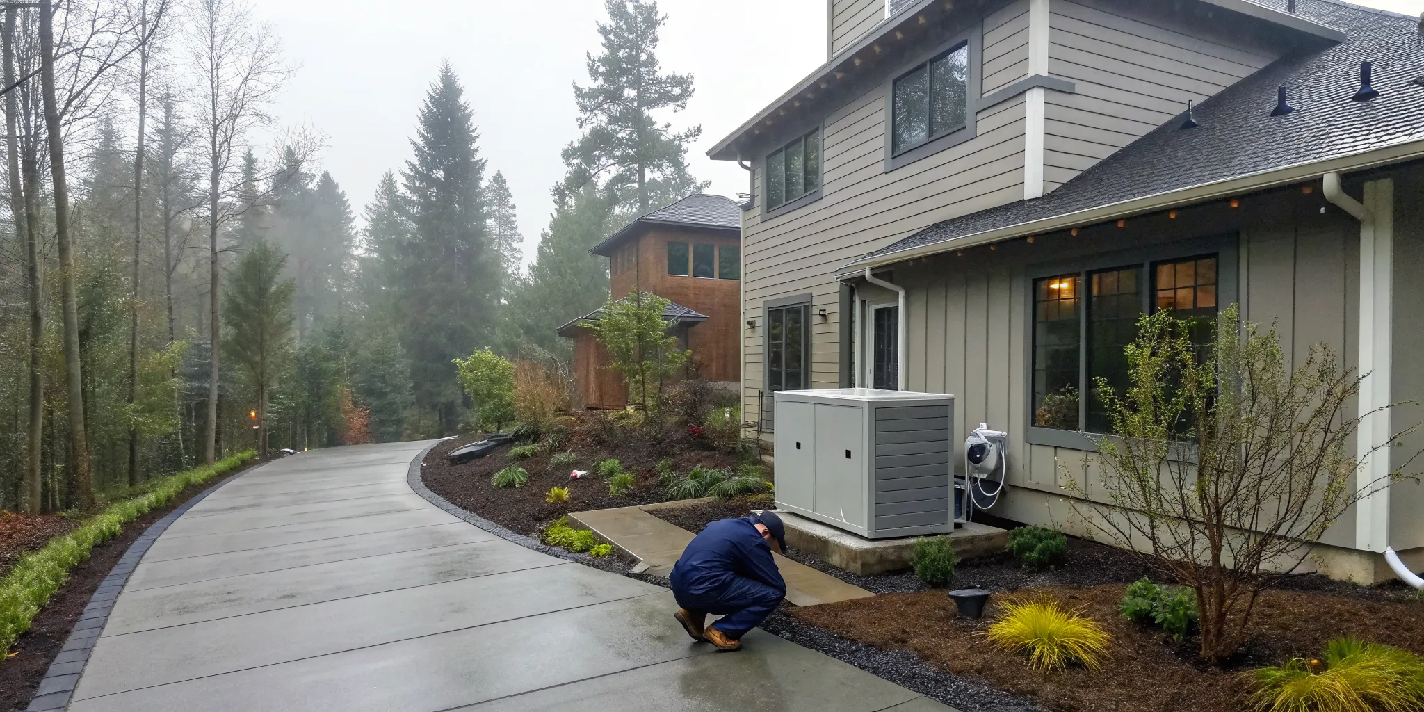 Technician completing a home generator installation at a Portland house on a rainy day.