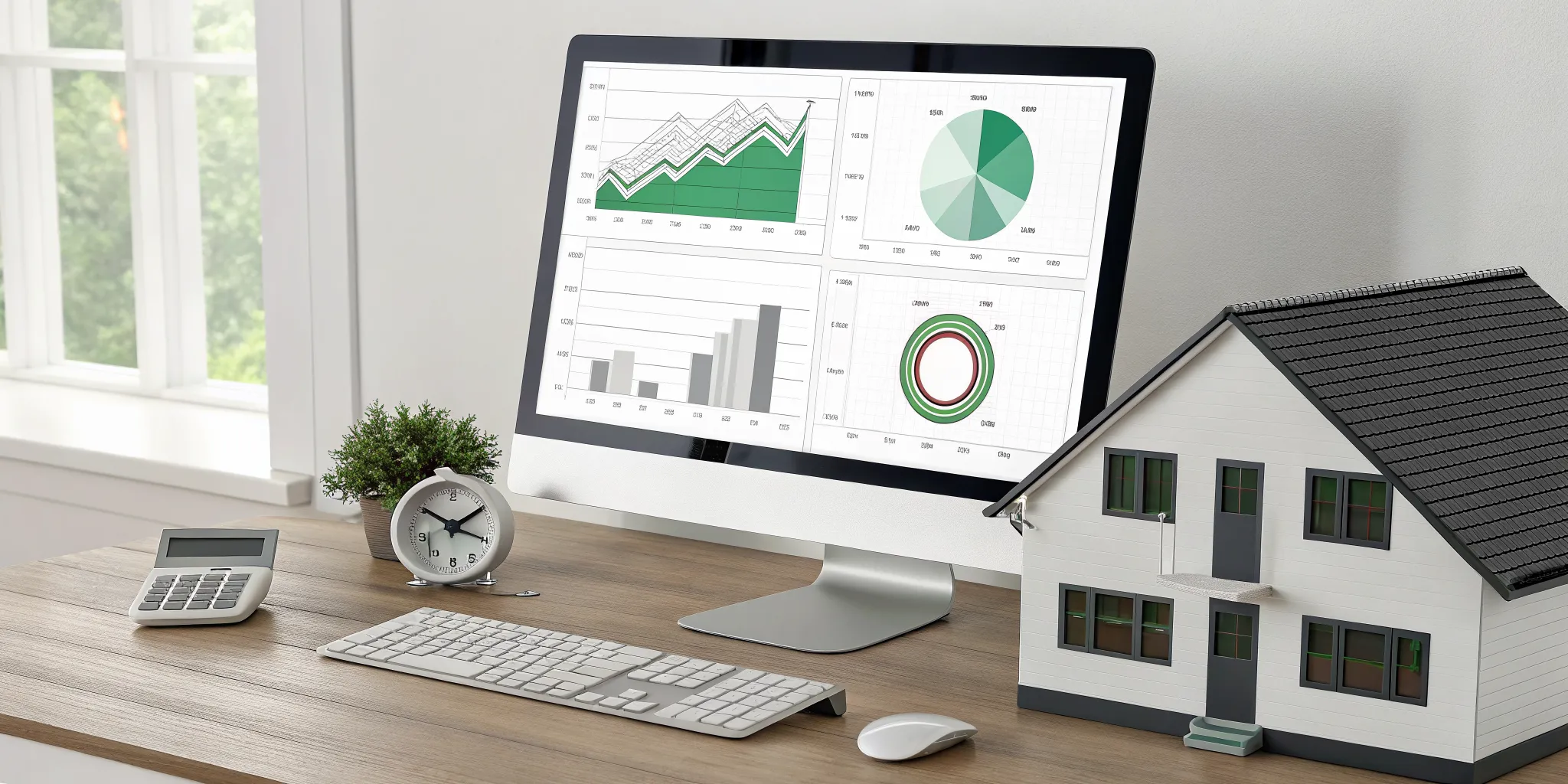 Home generator sizing calculator in Excel on a desk with a house model.