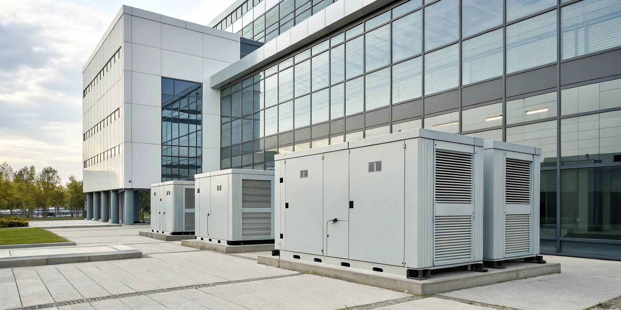 Industrial gas generators outside a modern commercial building for standby power.
