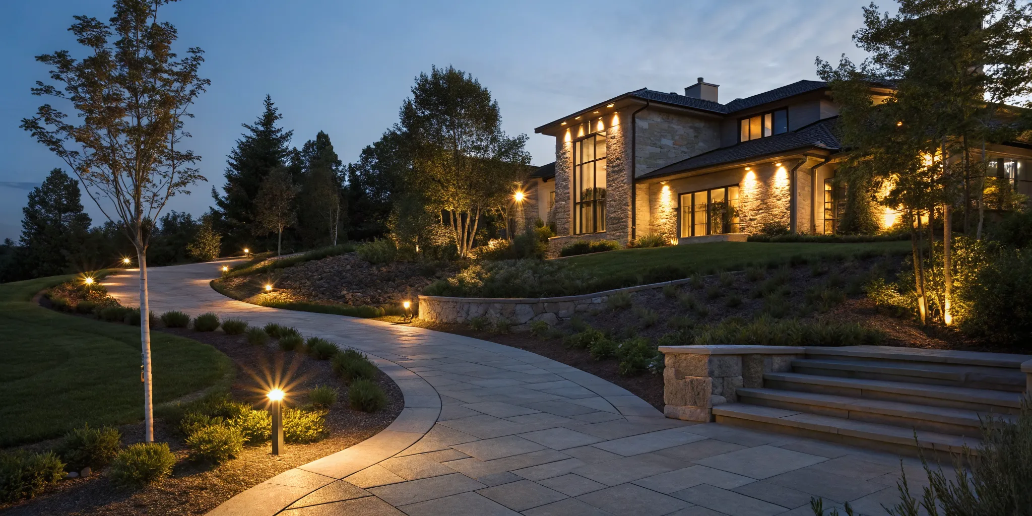 Modern home with landscape lighting design services illuminating its pathway and garden.