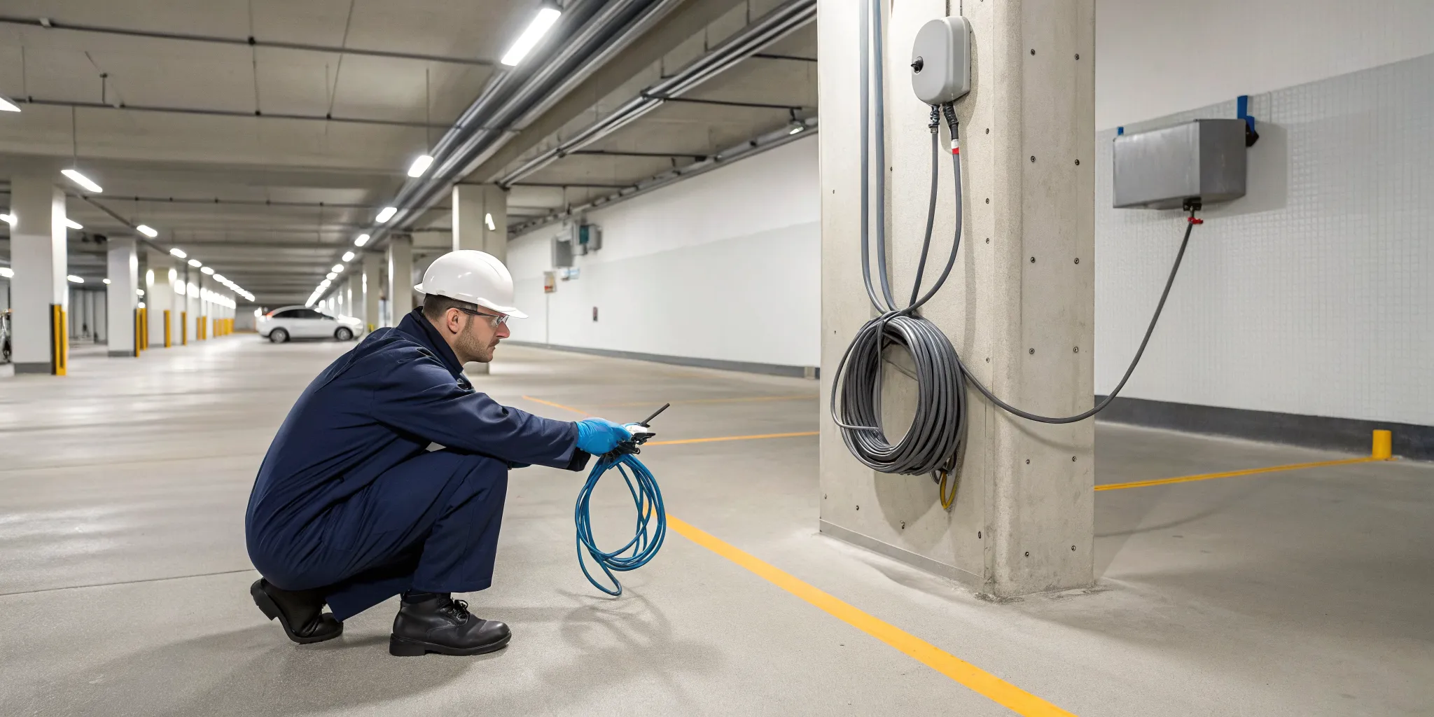 Electrician inspecting a circuit for level 2 charger installation requirements.