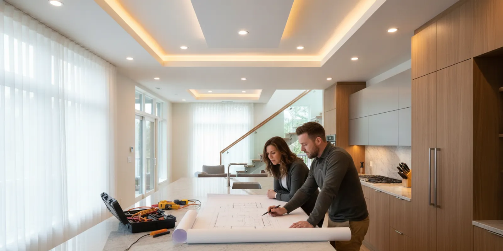 Electrician and homeowner reviewing a lighting control plan in a modern home