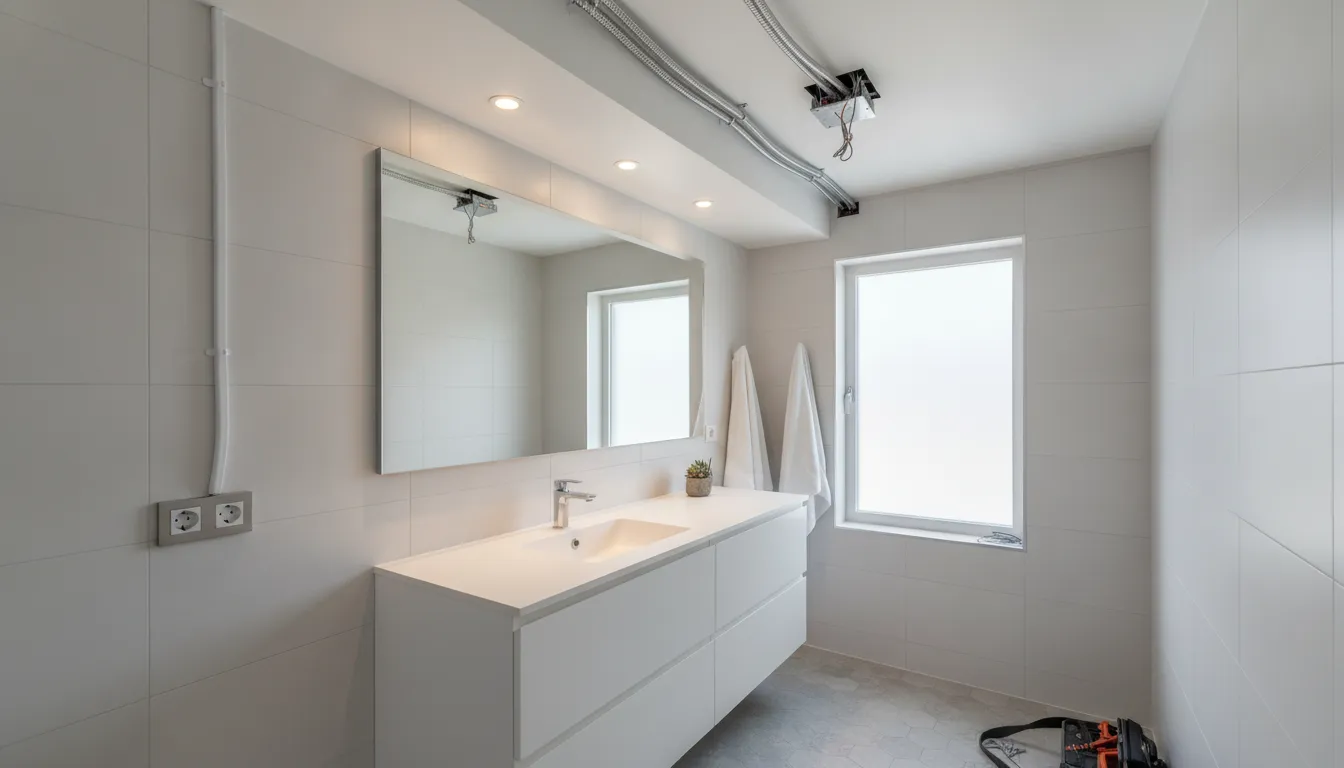 Modern bathroom remodel with electrical wiring and GFCI outlet installation near sink