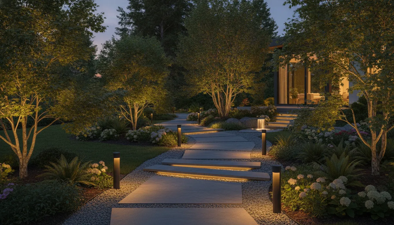 Residential landscape path lighting in a Portland Oregon evening garden