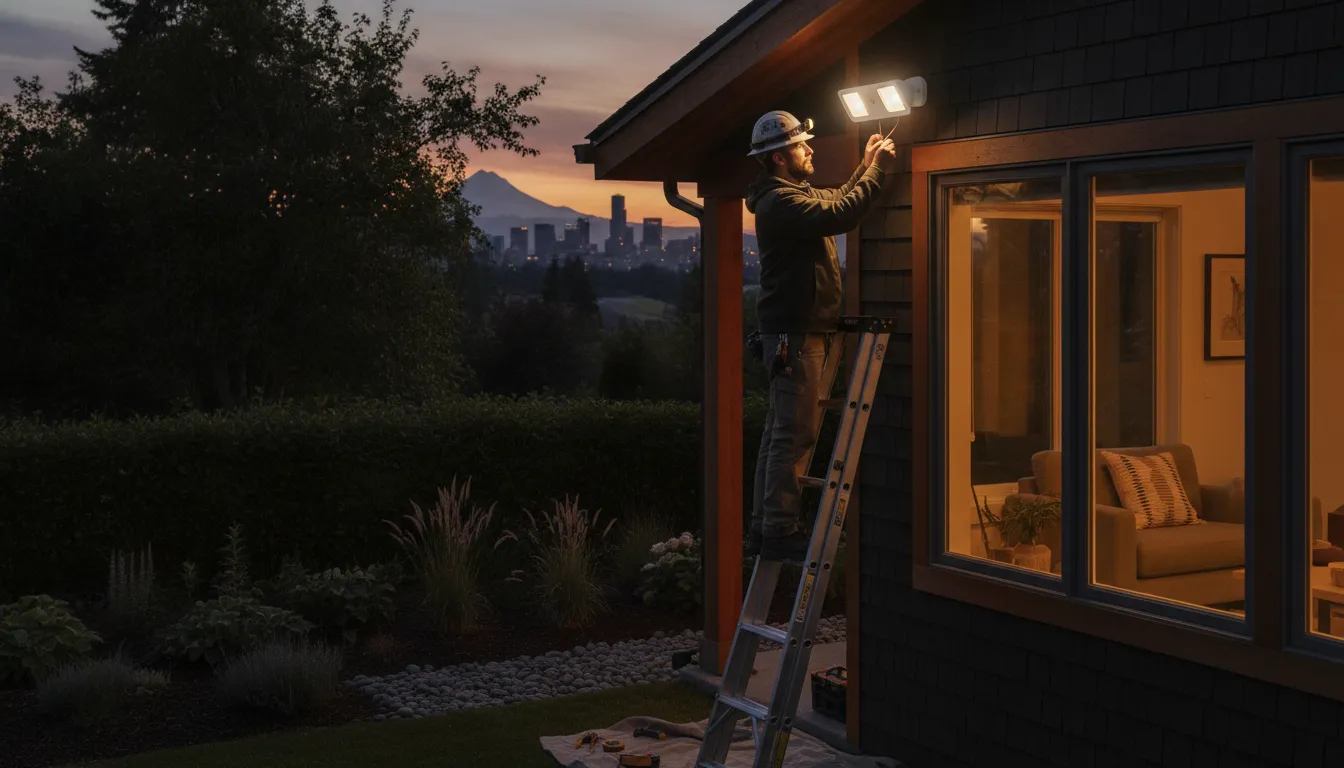 Professional electrician installing a motion-activated security floodlight on a Portland home exterior at dusk
