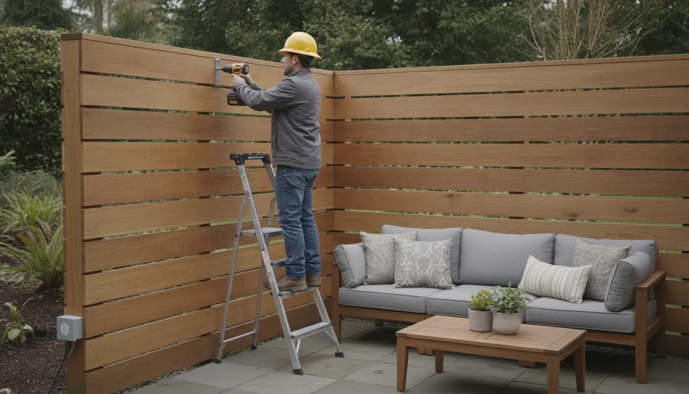 Licensed electrician mounting a patio heater above a Portland home outdoor seating area