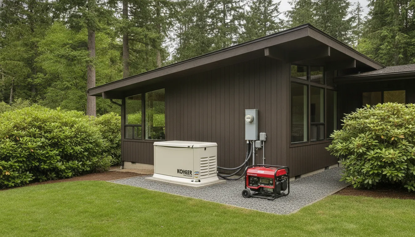 Kohler whole-home standby generator installed outside a modern Oregon home with portable generator comparison