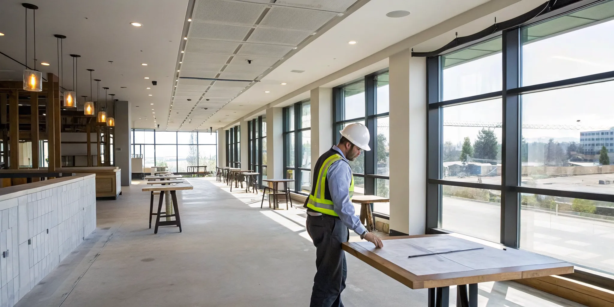 Restaurant electrical contractor reviewing plans for new construction.
